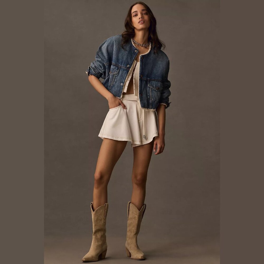 NEW Denimist - Size XXS, Oversized Cropped Sherpa-Lined Denim Jacket, Denim Dark
